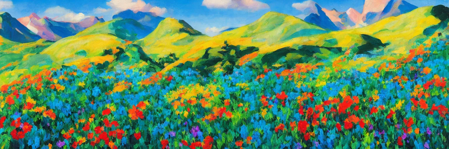 Image similar to mountain landscape in spring!!, flowers, teal landscape, dreamy light, sunny complementary palette, by and jacek yerga and tamara de lempicka and jesse king, pop surrealist, wiccan