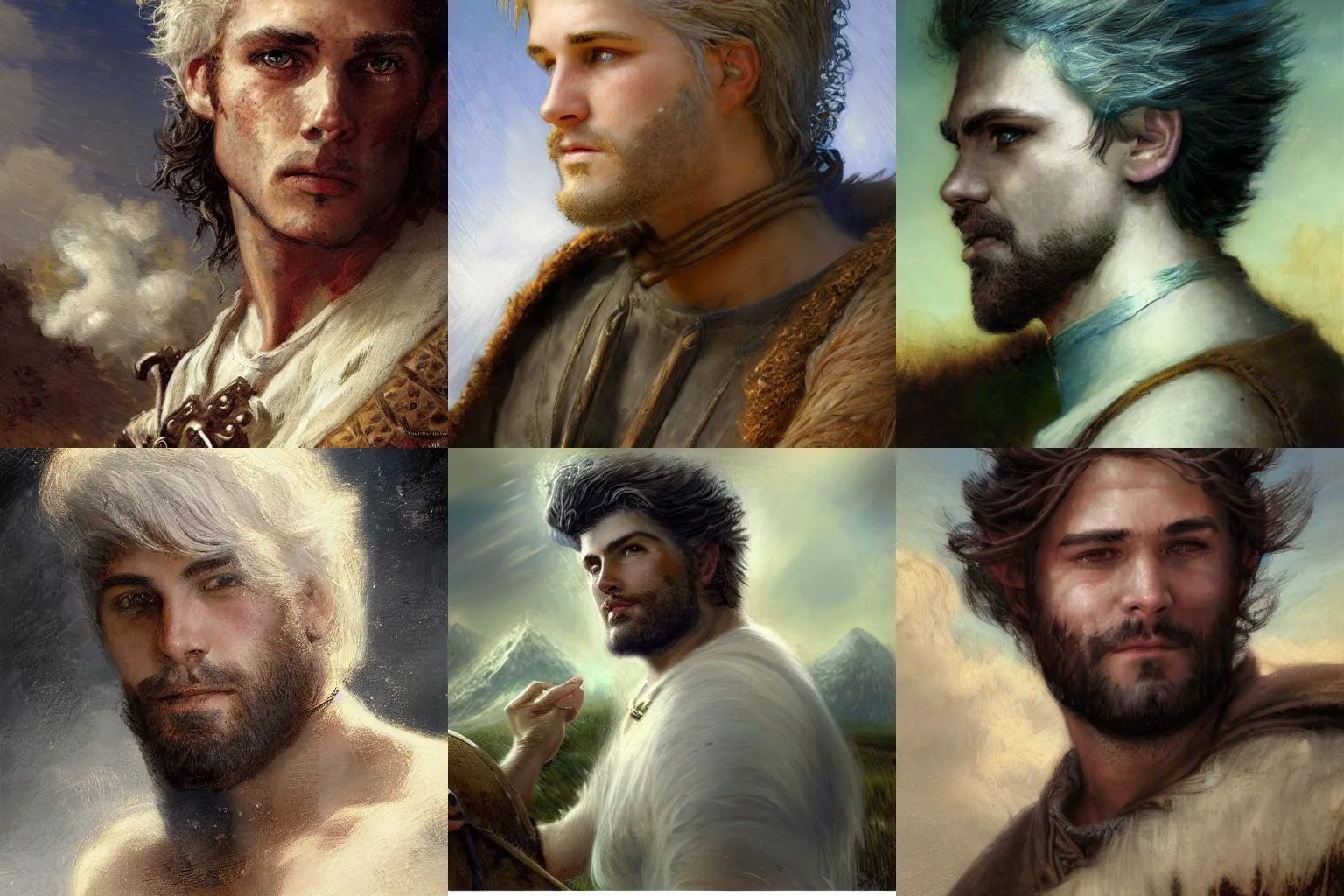 Prompt: a young medieval farmer man with cumulus tattoos, cloud-like white hair, clean shaven, beardless, fantasy character portrait by Gaston Bussiere, Craig Mullins