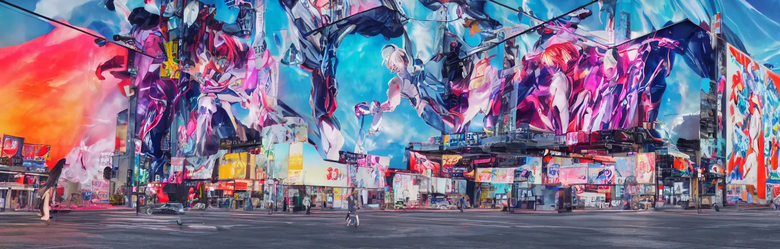 Image similar to billboard advertisement with an extremely beautiful photo of a white marble statue of an anime girl with colorful motocross logos and motorcycle helmet with closed visor, colorful smoke in the background, carved marble statue, fine art, neon genesis evangelion, virgil abloh, offwhite, denoise, highly detailed, 8 k, hyperreal