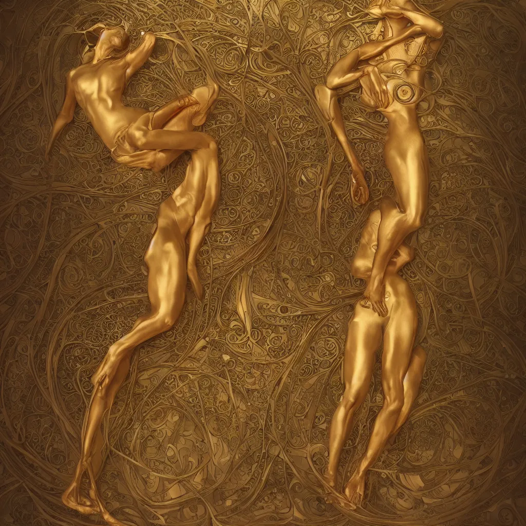 Prompt: human body made of thin golden Art Nouveau, Alphonse Mucha, cinematic realistic photo, octane render