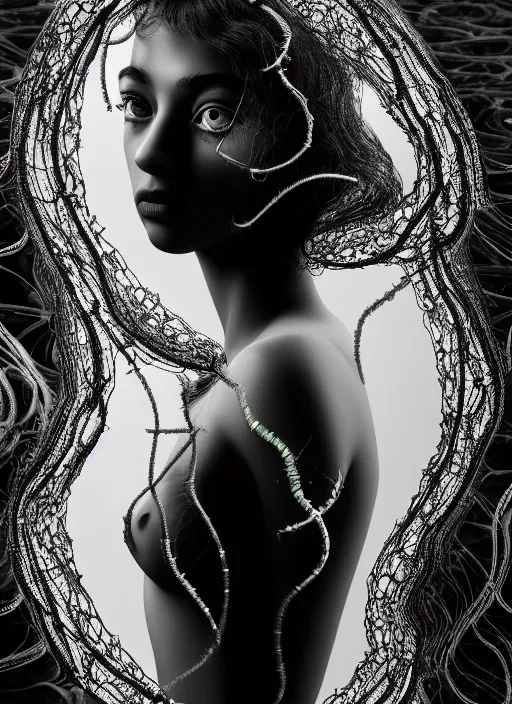 Image similar to surreal mythical dreamy dark artistic black and white fine art photo of a beautiful young female medusa - cyborg covered with translucent algae, highly detailed, intricate crystal ivy jelly fish scales ornate, lace web, poetic, octane render, 8 k, photo - realistic, by man ray