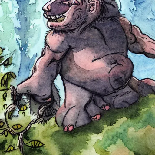 Prompt: a watercolour painting of a giant ogre using a tree for a club