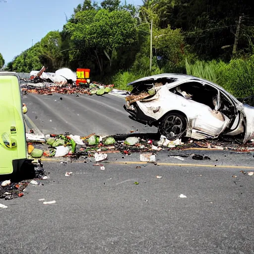 Image similar to avocado truck accident, people picking avocados from the road, highly detailed photograph