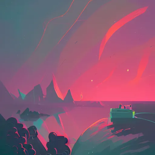 Image similar to a stunning sea at dark night by Anton Fadeev and Simon Stalenhag, trending on artstation, purple scheme