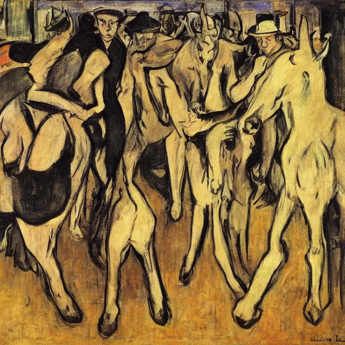 Prompt: meeting of the rhino people. henri de toulouse - lautrec, max beckmann