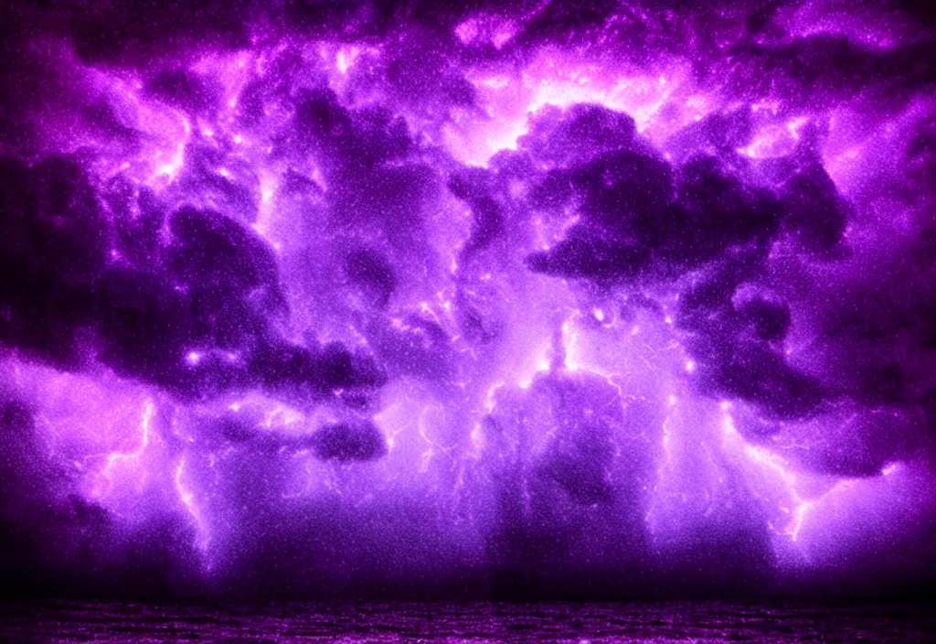 Prompt: purple color lighting storm with stormy sea a pirate ship trippy nebula sky