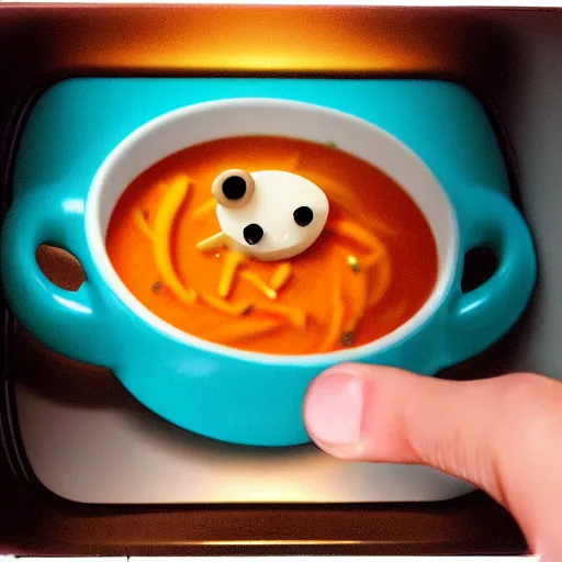 Prompt: anthropomorphized instant soup taking a miniature human out of the microwave. 8k. photorealism