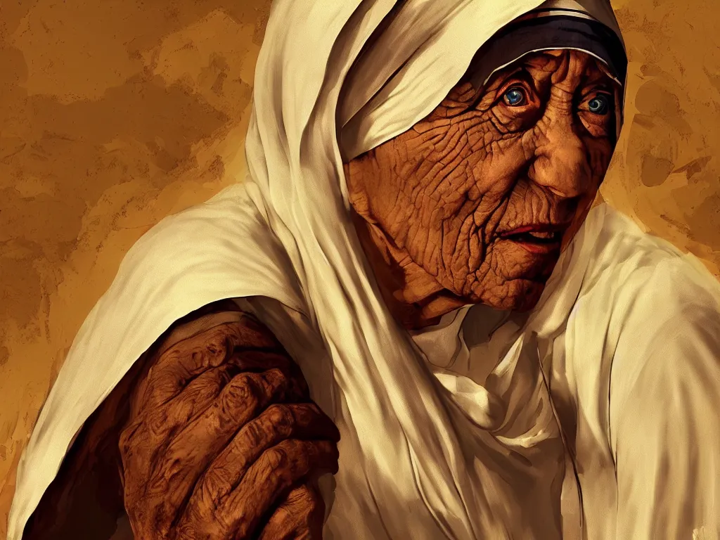 Prompt: mother teresa digital art as the loading screen of GTA V, grand theft auto, golden hour lighting, graphic art,