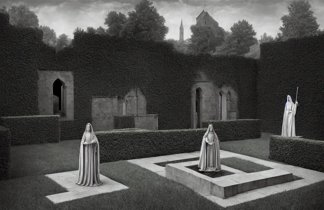 Prompt: queen of heaven sequestered corner of a garden within a castle walls the rules of proportion, scale, and perspective are disregarded render by gregory crewdson