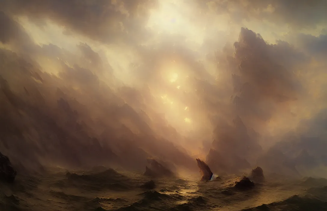 Image similar to ivan aivazovsky peter mohrbacher john singer sargent, ruan jia, dancing angels in phantastic landscape, hyperreal phantastic, intricate details in environment, meeting point, luminance, golden ratio, high aestehtic, cinematic light, dramatic light, godrays, distance, photobash, wideangle, bierstadt, hyperreal 4 k