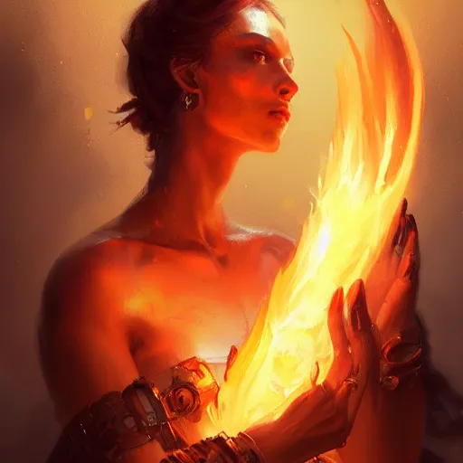 Image similar to a beautiful portrait of a flame goddess by by Greg Rutkowski and Raymond Swanland, Trending on Artstation, Flaming Background, ultra realistic digital art