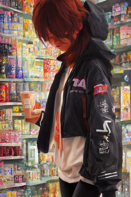 Image similar to A ultradetailed beautiful panting of a stylish girl wearing streetwear in a convenience store, Oil painting, by Ilya Kuvshinov, Greg Rutkowski and Makoto Shinkai