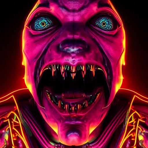 Image similar to synthwave demonic alien face with neon tattos, detailed face, sharp focus, synthwave art, aesthetic, octane render, raw, cinematic