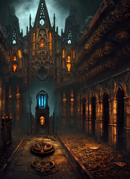 Image similar to steam necropolis, memento mori, gothic, neo - gothic, art nouveau, hyperdetailed copper patina medieval icon, stefan morrell, philippe druillet, ralph mcquarrie, concept art, steampunk, unreal engine, detailed intricate environment, octane render, moody atmospherics, volumetric lighting, ultrasharp, ominous, otherworldly