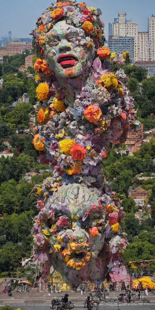 Prompt: colossal grotesque flower statue made from Lenin heads and colorful alien flowers in the middle of abandoned early soviet constructivist cityscape, Stalinist architecture, ultradetailed by Hayao Miyazaki and Josan Gonzalez and Makoto Shinkai and Giuseppe Arcimboldo and Wes Anderson