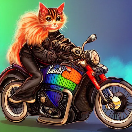 Image similar to wide angle full body, jacket wearing fluffy cute rainbow kitten wearing a black leather motorcycle jacket, riding on a motorcycle, cinematic concept art