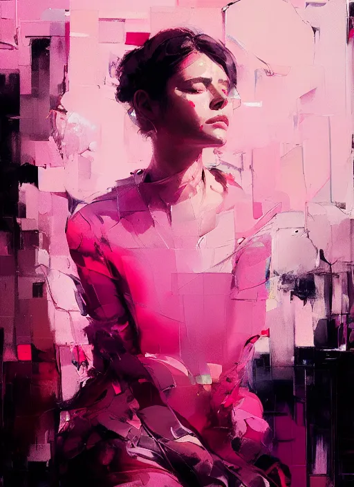 Image similar to portrait of a beautiful girl, eyes closed, shades of pink, beautiful face, rule of thirds, intricate outfit, spotlight, by greg rutkowski, by jeremy mann, by francoise nielly, digital painting