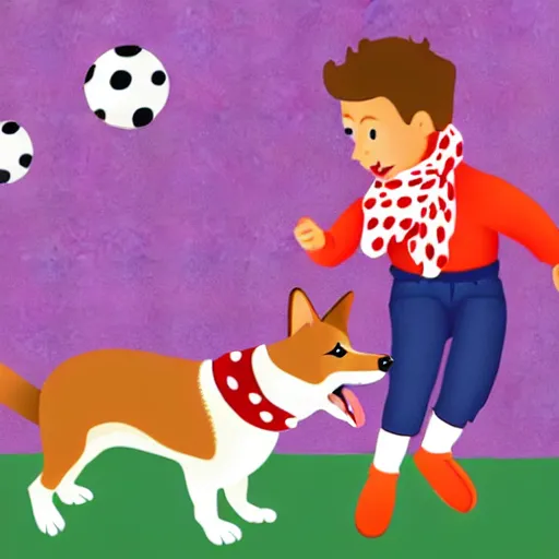 Image similar to illustration of french boy in paris playing football against a corgi, the corgi is wearing a polka dot scarf