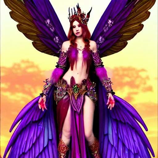 Image similar to Half Fey Princess sorceress with red flaming bird wings on her back and sitting on an ornate throne dressed in a fancy purple dress, Fantasy, Full Portrait, High detail, realistic, planeswalker