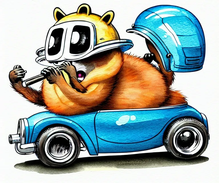 Image similar to cute and funny, racoon smoking cigar, racoon wearing a helmet, racoon riding in a tiny hot rod coupe with oversized engine, ratfink style by ed roth, centered award winning watercolor pen illustration, isometric illustration by chihiro iwasaki, edited by range murata