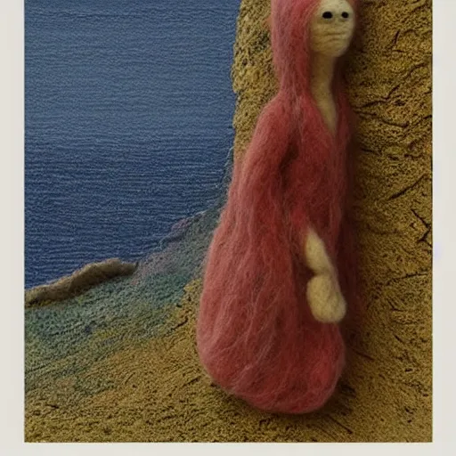 Prompt: A beautiful digital art of a human-like creature with long, stringy hair. The figure has no eyes, only a mouth with long, sharp teeth. The creature is standing on a cliff overlooking a dark, foreboding sea. needle felting by Shaun Tan, by Tony Oursler realistic