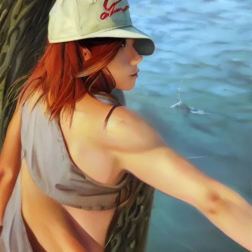 Image similar to oil painting by ilya kuvshinov,, baugh casey, artgerm craig mullins, coby whitmore, of a youthful anime girl, long hair, fishing and wearing fisherman's outfit, fisherman's hat, highly detailed, breathtaking face, studio photography, noon, intense bounced light, water reflection, large tree casting shadow, serine intense sunlight