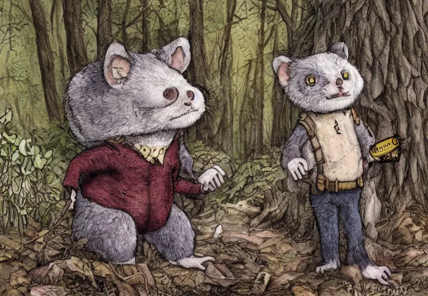 Image similar to possum dressed as an adventurer, hidden in the forest, dark night, colorized, highly detailed, 4k, trending on Artstation, award-winning, art by Maurice Sendak