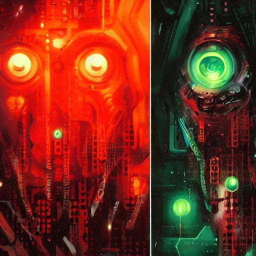 Image similar to shodan from system shock 2, painted by greg rutkowski, painted by drew struzan