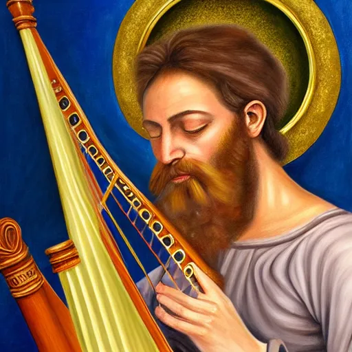 Image similar to detailed hyper - realistic painting of king david playing the harp