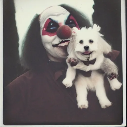 Image similar to Old polaroid photo of a Clown Vampire with cute puppy