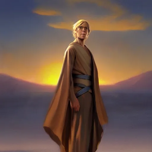 Prompt: a young blonde male jedi with short hair standing still looking at the sunset concept art by Doug Chiang cinematic, realistic painting, high definition, concept art