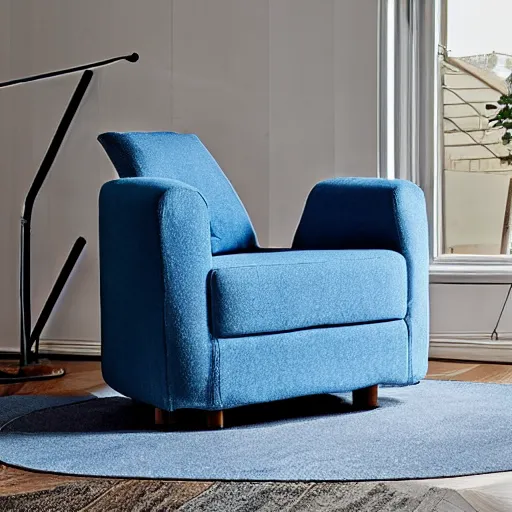 Image similar to a hoovering blue hexagonal armchair