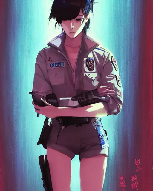 Image similar to police officer girl very very anime!!! fine face, audrey plaza, realistic shaded perfect face, fine details. anime. realistic shaded lighting cyberpunk futuristic neon tattoos styled hair reflective puffy sheen film jacket decorated poster by ilya kuvshinov katsuhiro otomo ghost in the shell magali villeneuve artgerm jeremy lipkin michael garmash rob rey