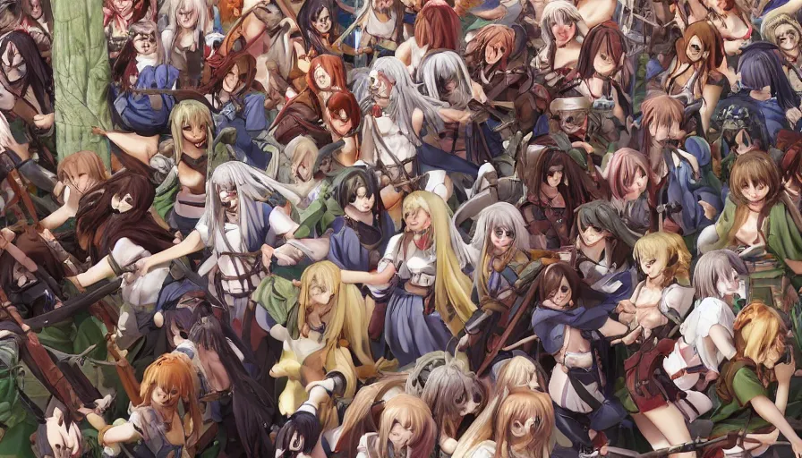 Image similar to jesus christ our lord standing in the front leading an army of cute anime girls into battle, photorealistic, anime, realistic faces, mini skirt, long hair, lightly dressed, renaissance painting, hyper real, detailed, closeup shot, ultra detailed