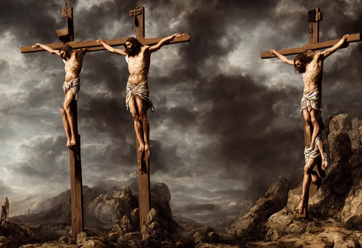 Prompt: crucified jesus cries blood on the cross, ominous apocalyptic background, hyperrealism, realistic, dramatic lighting, octane render, highly detailed, cinematic lighting, cinematic, art by rubens and rutowski and rembrandt