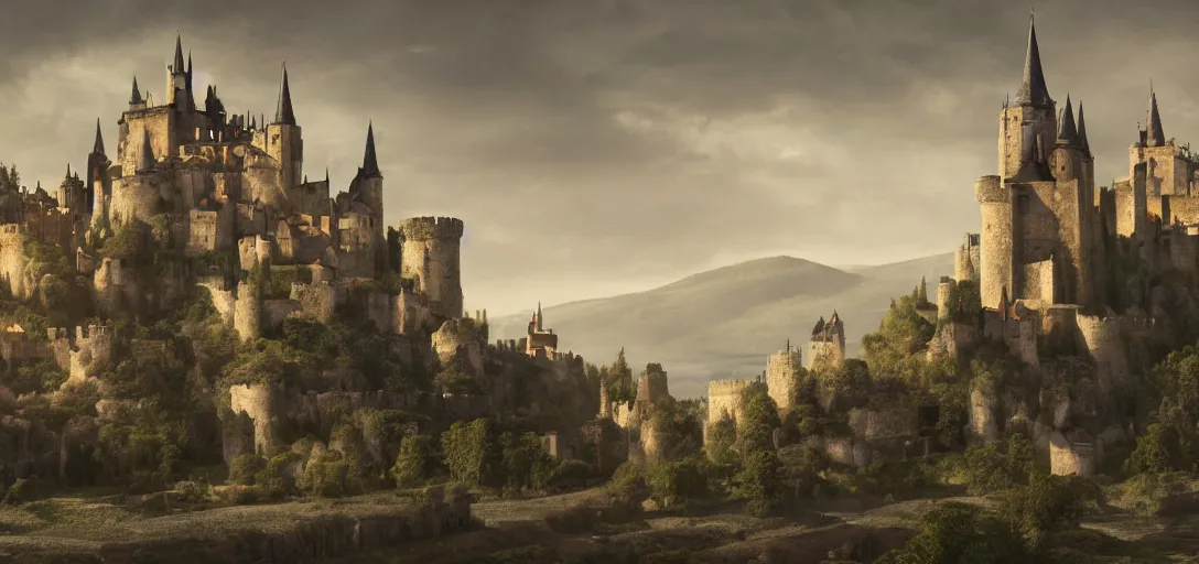 Image similar to castle with pointed spires, lourmarin, landscape, alex ross, eddie mendoza, raphael lacoste, sebastian ludke, concept art, matte painting, highly detailed, rule of thirds, dynamic lighting, cinematic, detailed, magnificiant landscape, denoised, centerd