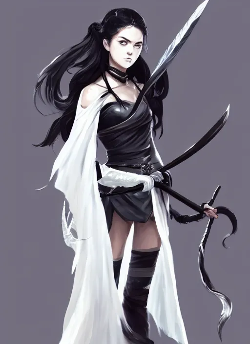 Image similar to a highly detailed illustration of fierce messy ponytail black haired one armed delinquent woman wearing long white tokkoufuku cape, dramatic wielding paper sword pose, intricate, elegant, highly detailed, centered, digital painting, artstation, concept art, smooth, sharp focus, league of legends concept art, wlop.