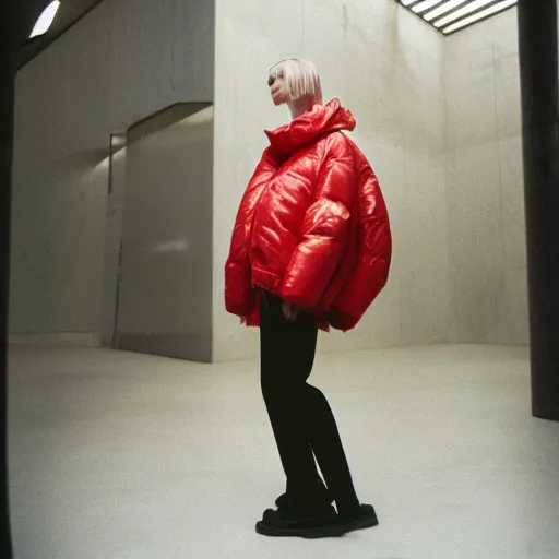 Image similar to realistic photoshooting for a new balenciaga lookbook, color film photography, portrait of a blonde asian woman, model wearing a puffer jacket, photo in style of tyler mitchell, 3 5 mm,