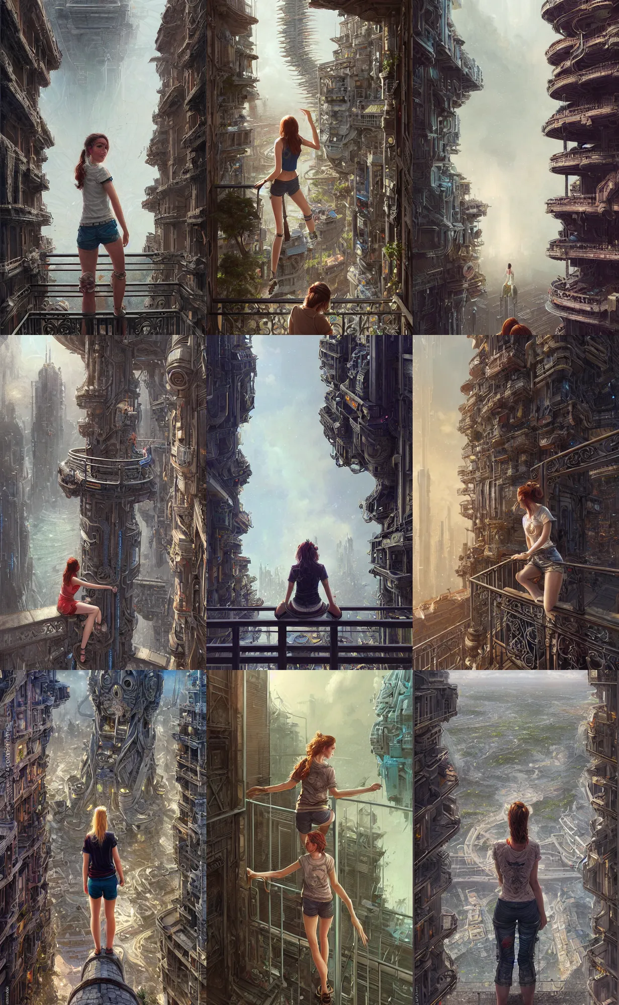 Prompt: full body shot of a woman in shorts and t - shirt sitting on balcony railing looking down at a sci - fi fantasy city, digital painting, intricately detailed, highly detailed, artwork by greg rutkowski, folly, mania, extravagance, intoxication, delirium, frenzy, bewrayment