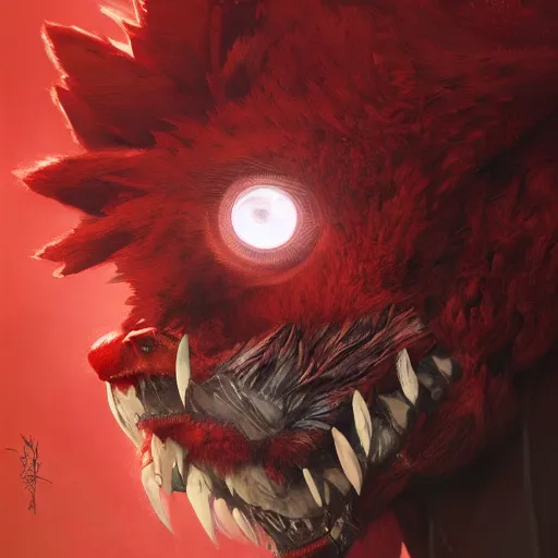 Image similar to realistic portrait of a grox from spore, red furry creature with one robotic eye, pointy ears, dramatic lighting, illustration by greg rutkowski, yoji shinkawa, 4 k, digital art, concept art, trending on artstation