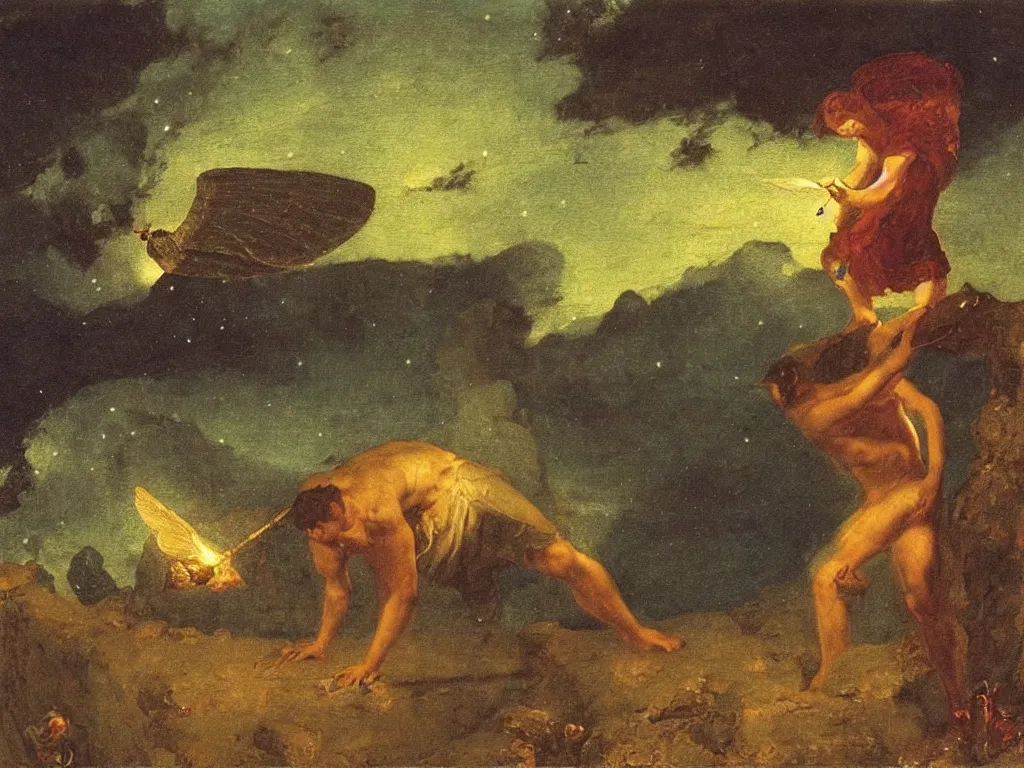 Image similar to Man fighting a phosphorescent moth under the stars, painting by Arnold Bocklin