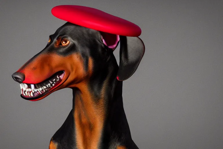 Image similar to side profile profile of a snarling doberman wearing clown makeup and a red rubber nose, 4 k, hdr color