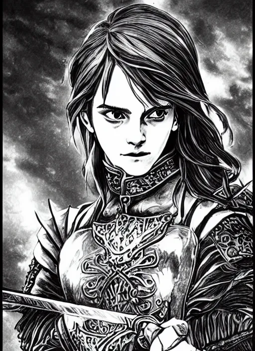 Prompt: Emma Watson as a knight, highly detailed, black and white, manga, art by Kentaro Miura