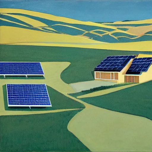 Image similar to solarpunk dreaming a toscana landscape with curious modern houses, painted by Alex Katz, highly detailed