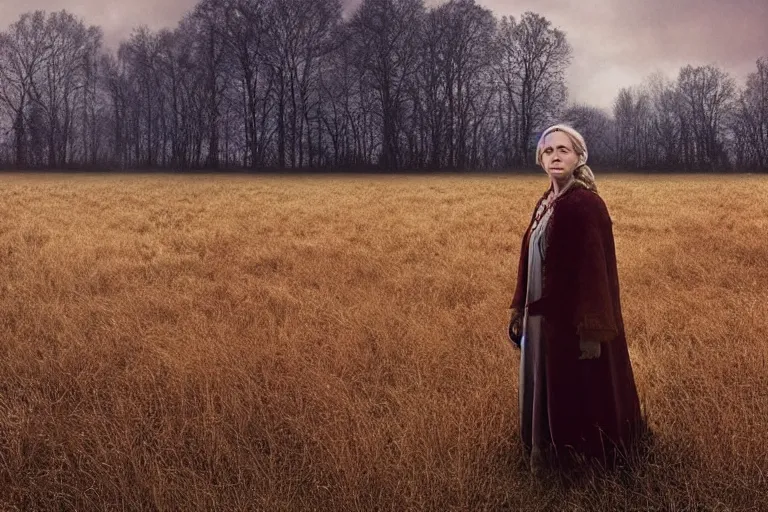 Prompt: a cinematic! headshot! portrait of a frozen middle aged woman stood in a field, field on fire, ultra realistic, depth, beautiful lighting, by annie leibovitz, by mattias adolfsson