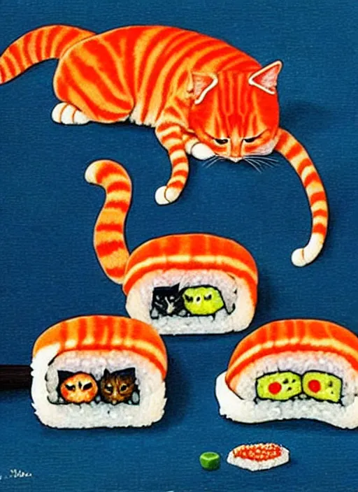 Image similar to clear surrealist painting of adorable cats made out of sushi