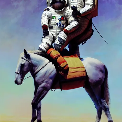 Prompt: a horse on top of a man, the astronaut is carried by the horse, hyperrealism, no blur, 4 k resolution, ultra detailed, style of ron cobb, adolf hiremy - hirschl, syd mead, ismail inceoglu, rene margitte