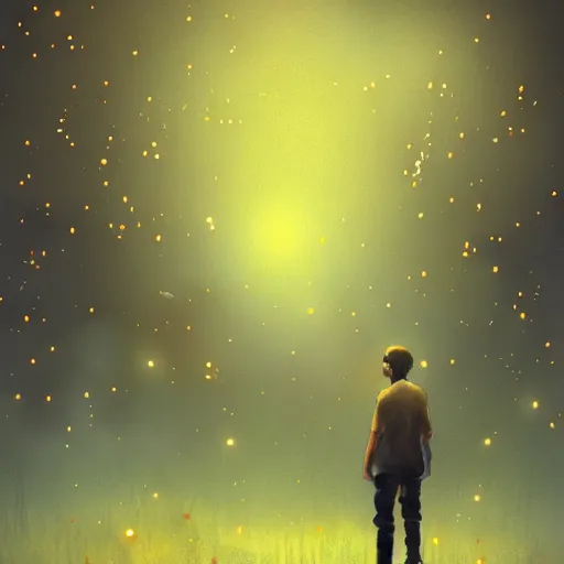 Image similar to man surrounded by fireflies, artstation