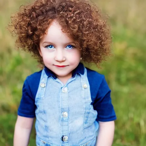 Prompt: Beautiful mischievous cute toddler girl, sunken dark blue eyes, short golden curls