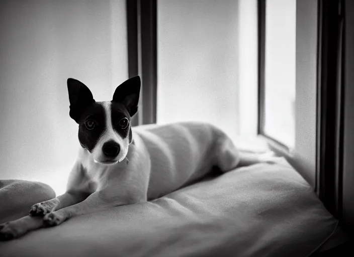 Image similar to photography of a Jack Russel . watching outside the window. on a bed. in a vintage room.,volumetric light, photorealistic,, award winning photo, 100mm, sharp, high res